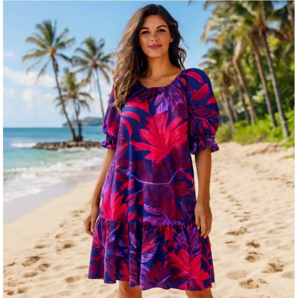 Vtg Hilo Hattie Hawaiian Dress sz L Puff Sleeve Tiered Tropical Palms Print BOHO